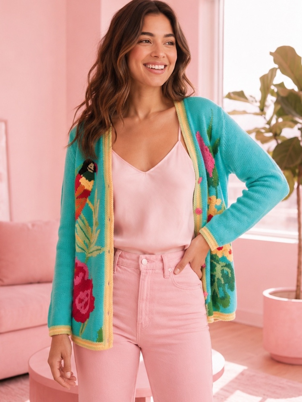 Handknits by Storybook Kruts Tropical Parrot Cardigan Turq Embroidery Sweater Lg